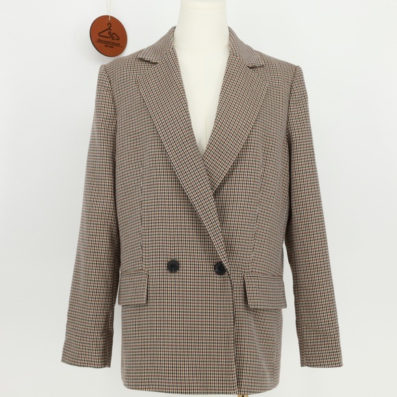 Mango Jackets & Blazers - Mango MNG Women Brown Houndstooth Double Breasted Blazer Size Small Preppy NWT